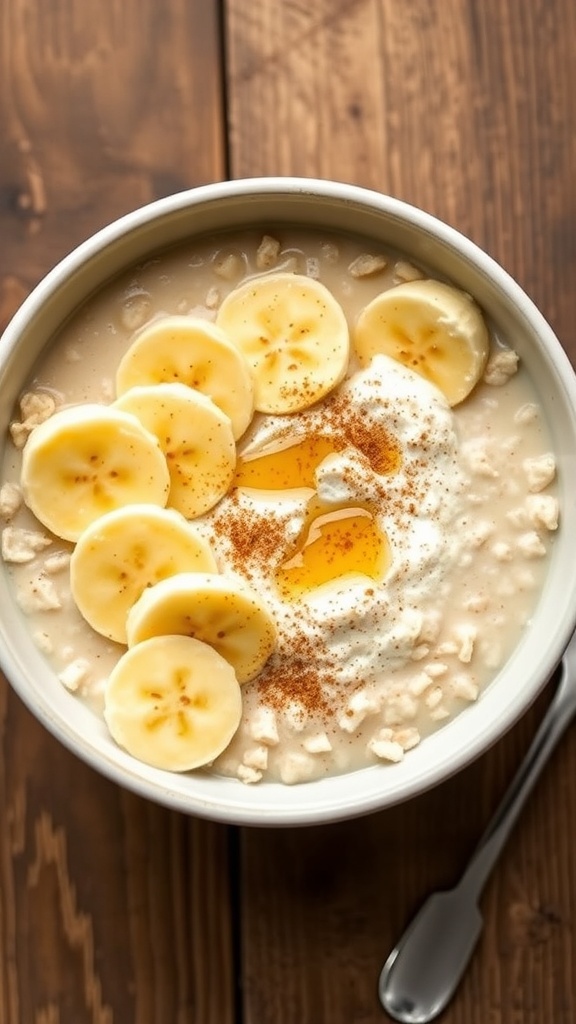 Protein-Packed Egg White Oatmeal Recipe A bowl of egg white oatmeal topped with bananas and honey on a wooden table.